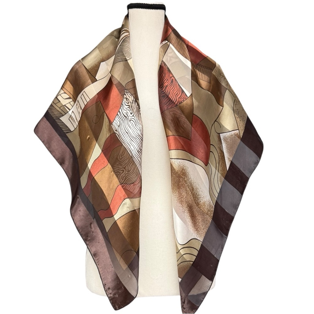 Vintage Picasso Abstract Silk Scarf Brown Earth Tones Large Semi Sheer Abstract - Picture 5 of 9